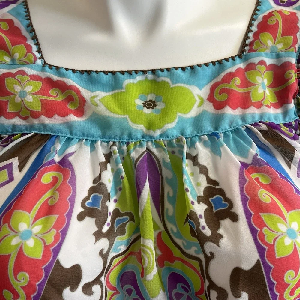 Nicole Miller Sheer Paisley Floral Top‎ S Square Neck Boho Embroidered Milkmaid